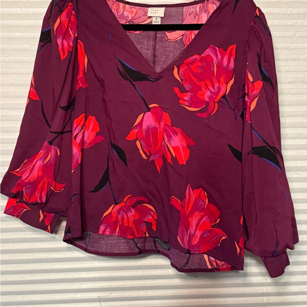 Universal Thread Floral Blouse - Burgundy and Pink